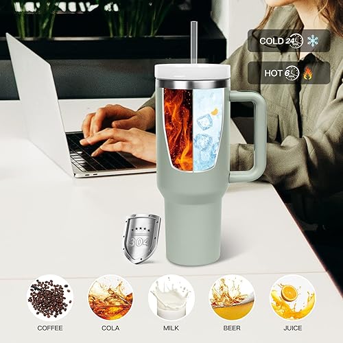 Miniatura 3 de Serborni Vaso de 40 onzas con asa y tapa de 3 popotes, vasos aislados de acero inoxidable para café de viaje para calor y frío (cornalina)