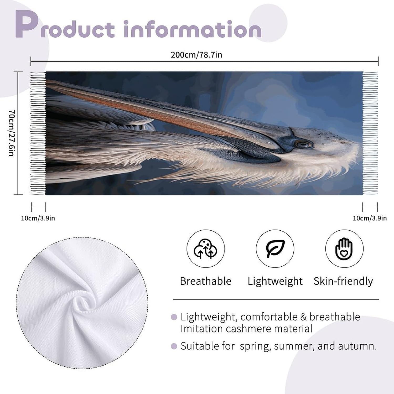 Realistic Pelican Winter Scarf for Women Soft Tassel Scarves Oversized Wraps Long Shawl Cold Weather Thick Blanket Scarfs