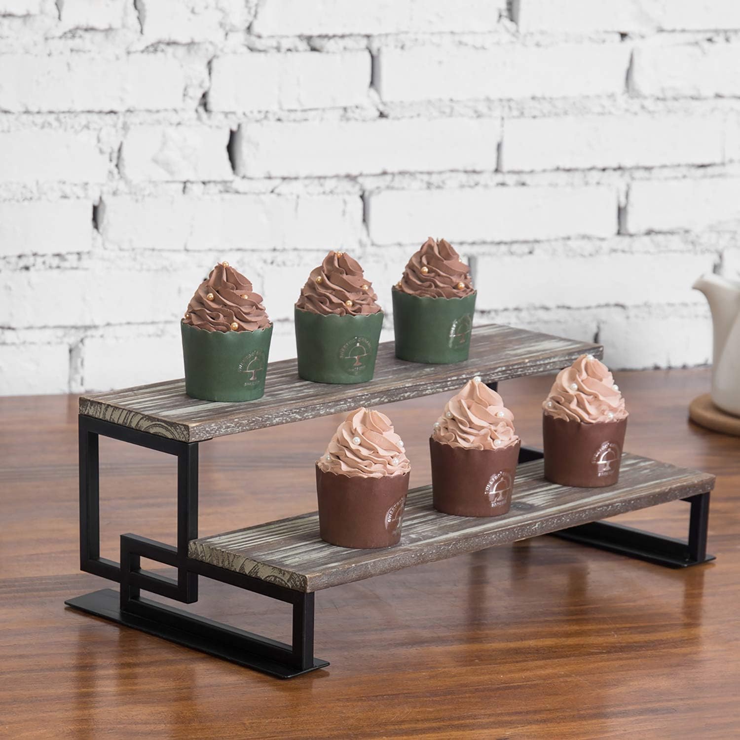 MyGift 2-Tier Torched Wood and Metal Dessert Display Riser