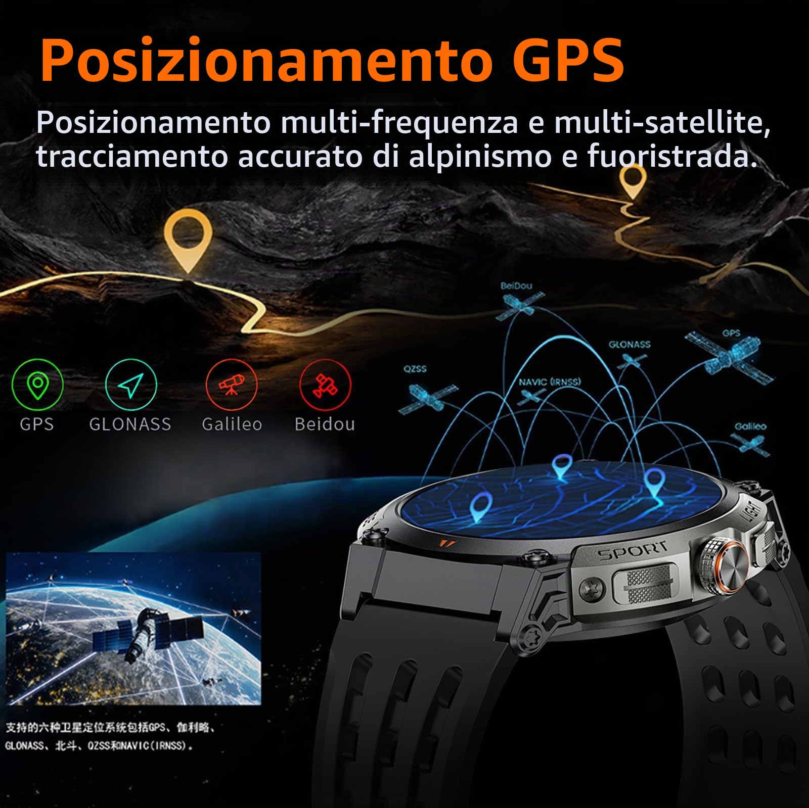 Orologio GPS per attività all'aperto, militare, fitness tracker da uomo con bussola, altimetro, barometro IP68, impermeabile, 100 + modalità sportive, orologio fitness con frequenza cardiaca
