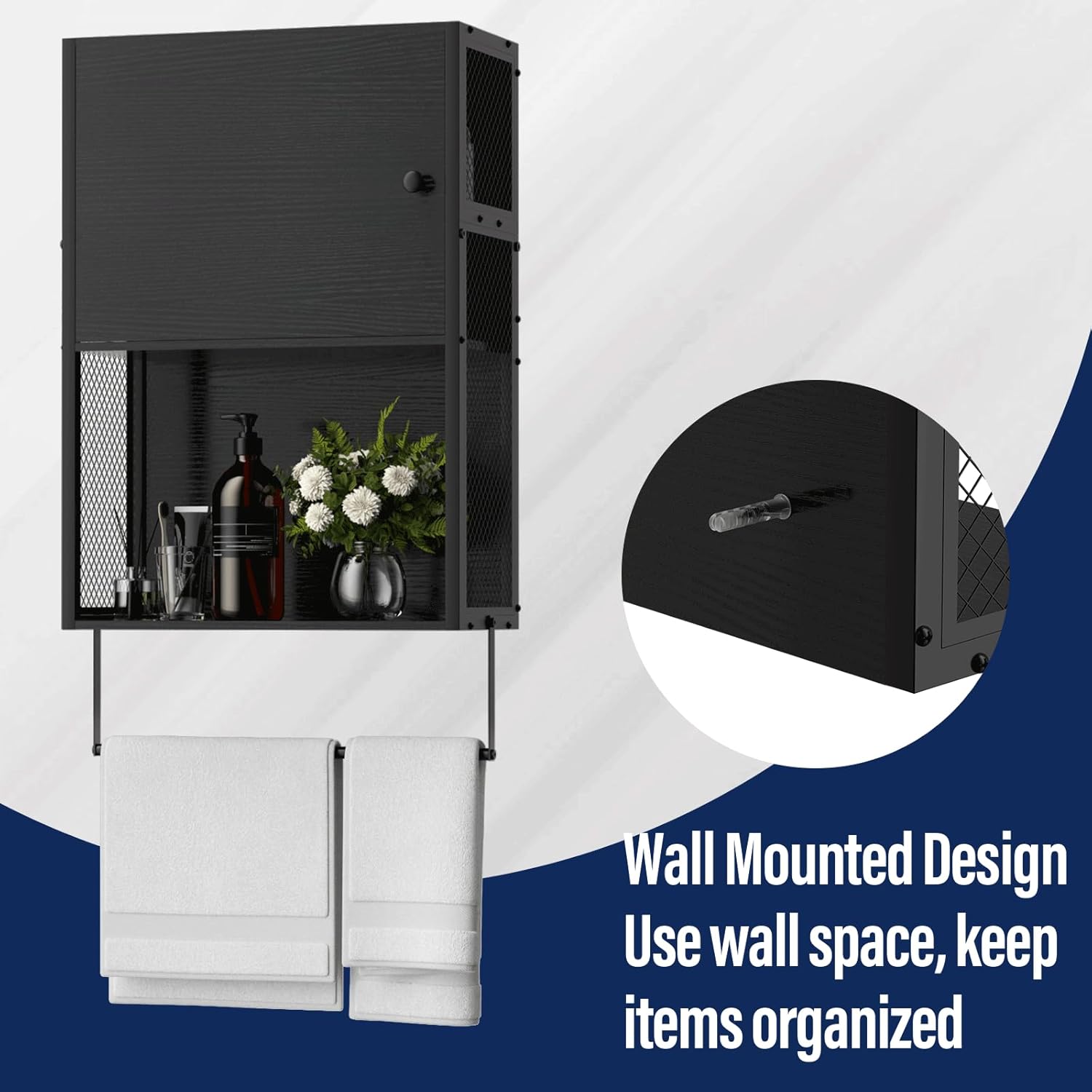 Small Bathroom Cabinet Wall Mounted with Door and Shelf 3 Tier Medicine Cabinet Hanging Bathroom Storage Shelf Over Toilet Storage Cabinet with Towel Bar for Laundry Room Living Room, Black