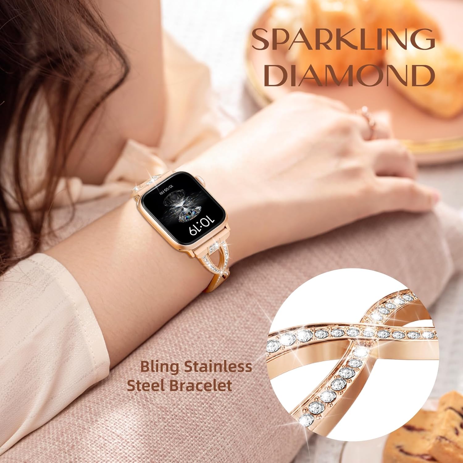 Slim Band Compatible with Apple Watch Bands 40mm 41mm 42mm 38mm 44mm 45mm 46mm 49mm Women, Thin Dressy Metal Stainless Steel Bracelet with Bling Diamond for iWatch Series 11 10 9 8 7 6 5 4 3 SE Ultra - Image 4