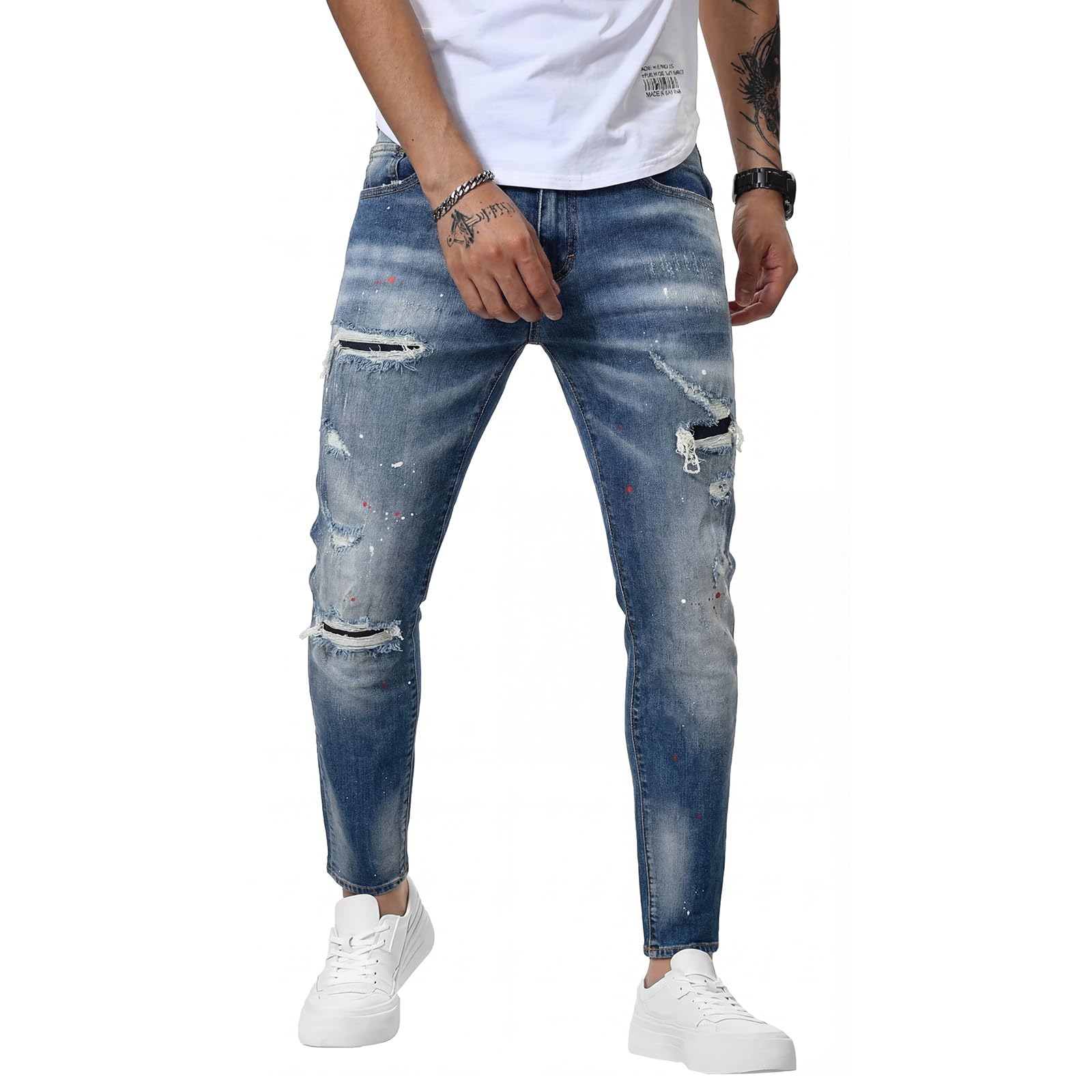 Mens Slim Fit Stretch Jeans Ripped Skinny Jeans for Men Casual Straight Leg Streetwear Comfort Male Pants