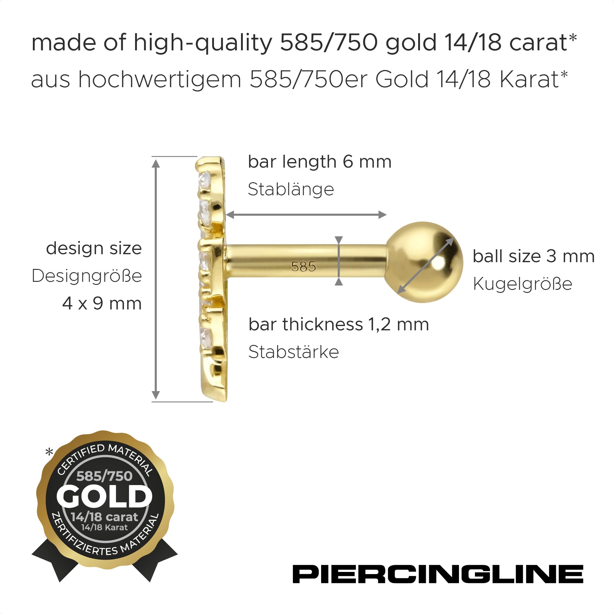 PIERCINGLINE 14 Karat oder 18 Karat Gold Ohrpiercing mit MOISSANIT-BLATT Piercing Tragus Helix Conch