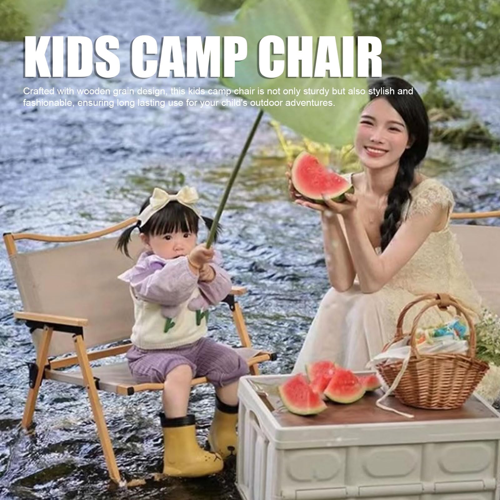 Srliya Kinder Campingstuhl Aluminiumlegierung Holz Getreide Leinwand Tragbarer Klappcampstuhl für Kinder Unter 6 Jahren