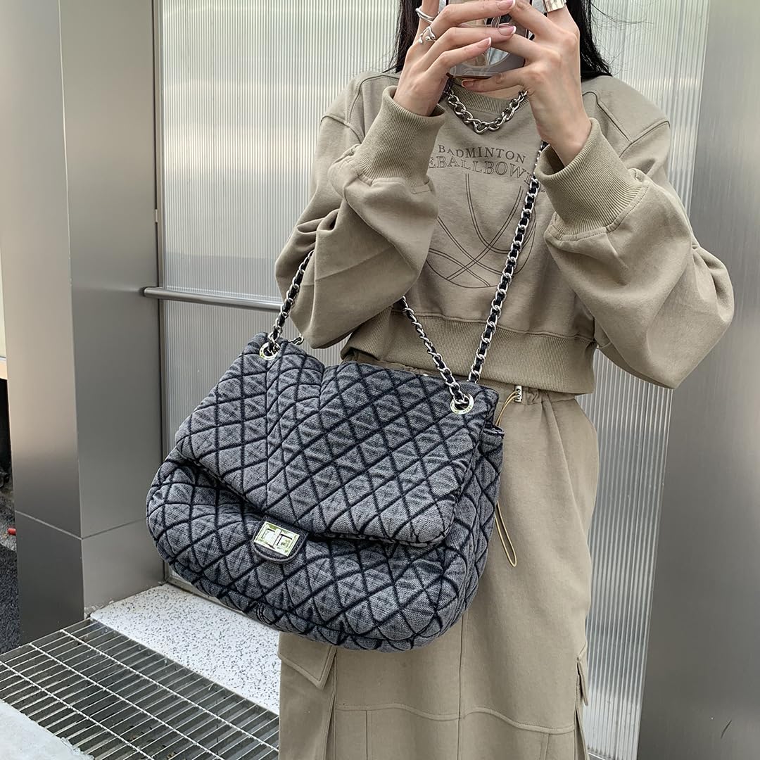 Borsa da donna grigia casual con motivo a scacchi di diamanti denim retrò moda monospalla
