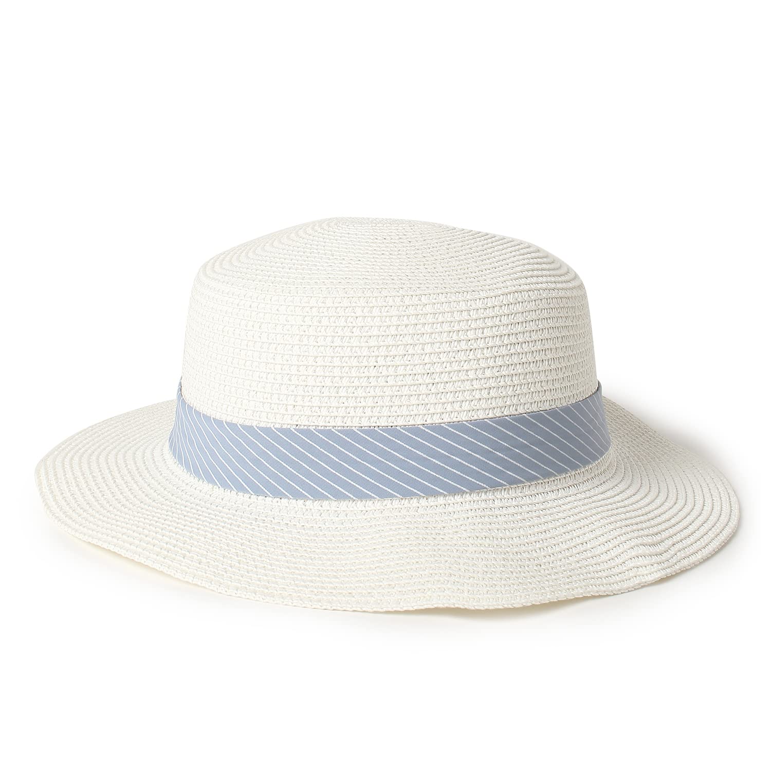 Haute Sauce White Textured Straw Hat with Blue Ribbon Detail Women Outdoor Everyday Wear | UV Protection | Lightweight | Foldable | Packable | Latest Stylish Casual Headwear for Women & Girls 3