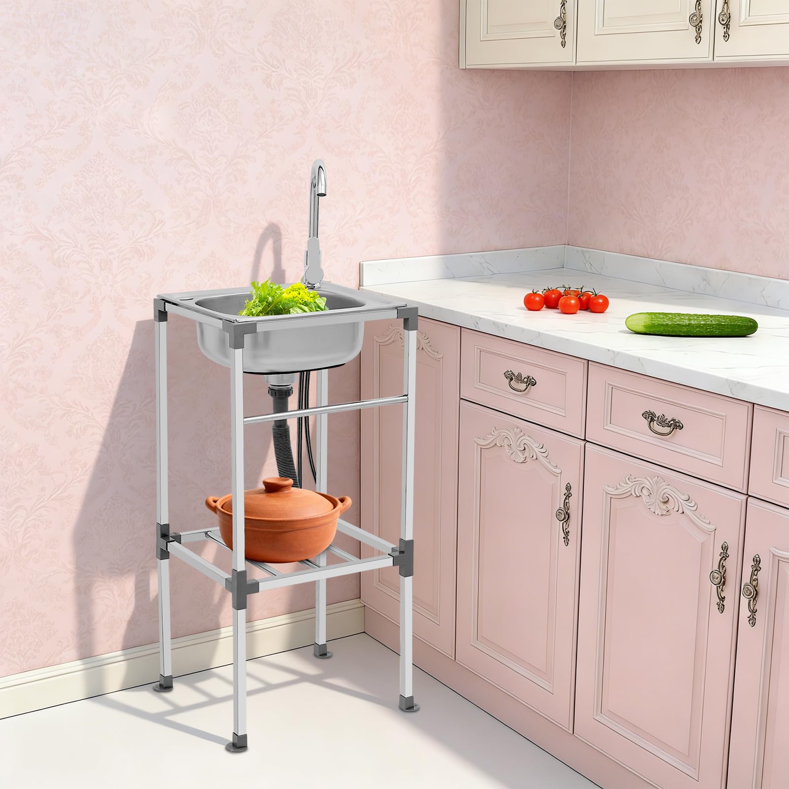 Fregadero de cocina moderno de acero inoxidable con dispositivo de drenaje y dispensador de jabón, orificio de instalación, uso universal para interiores, exteriores, cocinas, bares y restaurantes