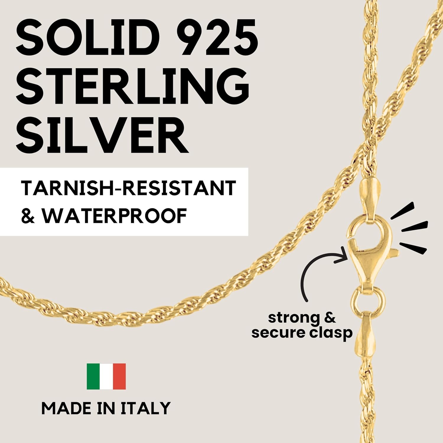 KISPER Solid 18K Gold Over 925 Sterling Silver Italian Diamond-Cut 1.5mm Braided Rope Chain Necklace - for Men & Women with Lobster Clasp - Made in Italy - Image 6