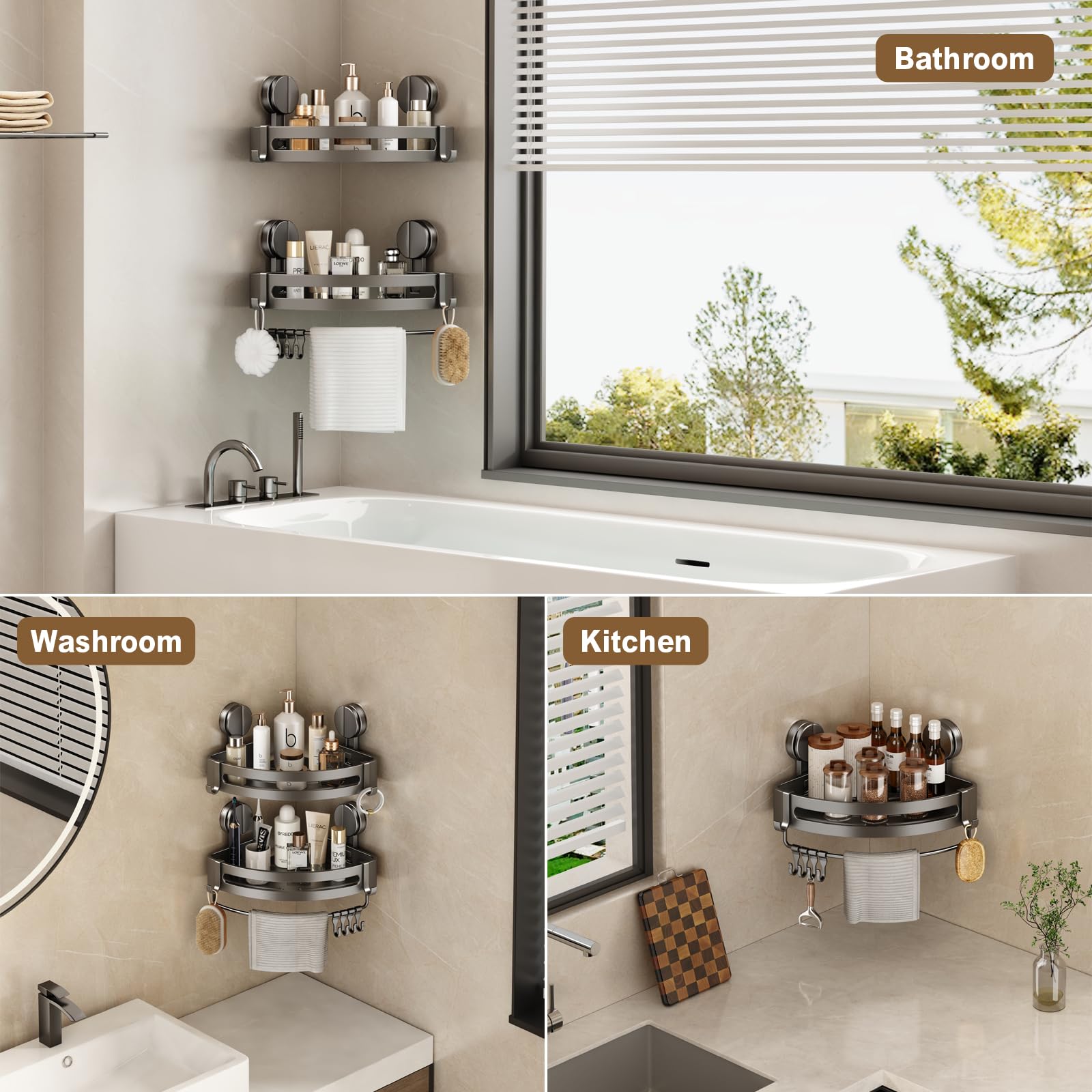 VOLPONE 2 Pack Shower Caddy Suction Cup, Corner Shower Shelves No Drilling, Showers Organizer Storage with Towel Bar & Removable Hooks, Bathroom Shower Shelf Rack for Inside Showers, Triangle — view 7