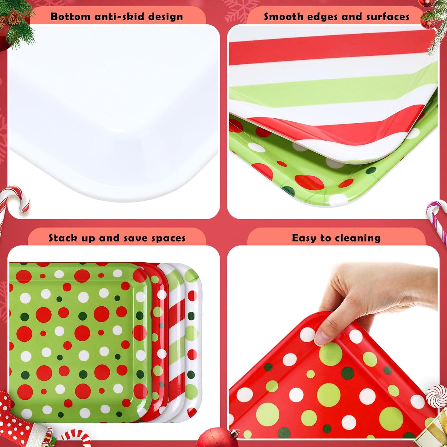4 Pcs Christmas Serving Tray 13 x 10 Inch Reusable Serving Platter Plates Xmas Dessert Platter Dishes Christmas Party Decorations for Food Snacks Cookies Supplies(Polka Dots)