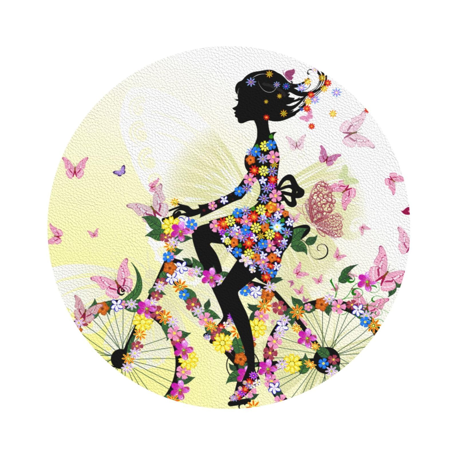 Girl Bicycle Butterfly PU Leather Coasters Set of 6 Round Drink Coasters