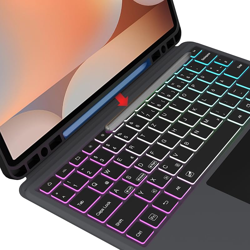 ROOFEI Bluetooth Billentyűzetes Tok Samsung Galaxy Tab S9 FE+/S9+/S10+ 12,4" Tablethez - Levehető RGB Háttérvilágítású QWERTZ Billentyűzet T