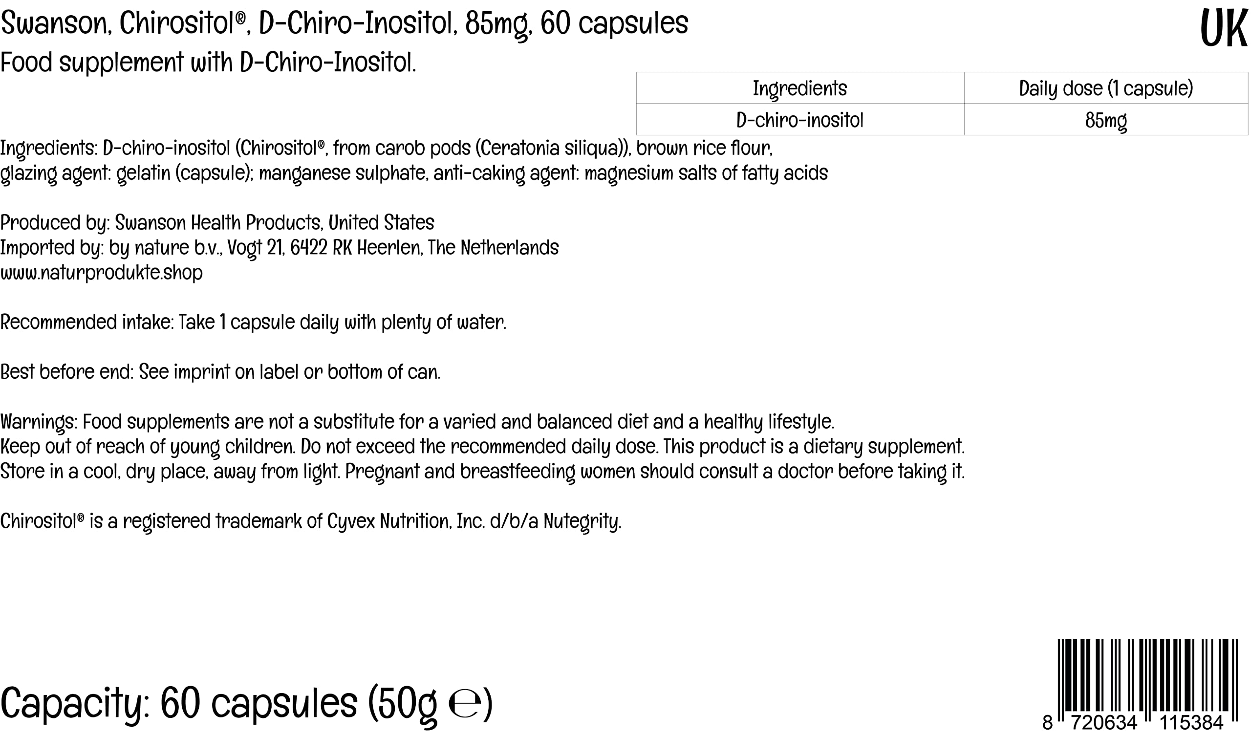Swanson D-Chiro-Inositol, 85mg, 60 capsule, Testato in Laboratorio, Senza Soia, Senza Glutine, Non OGM