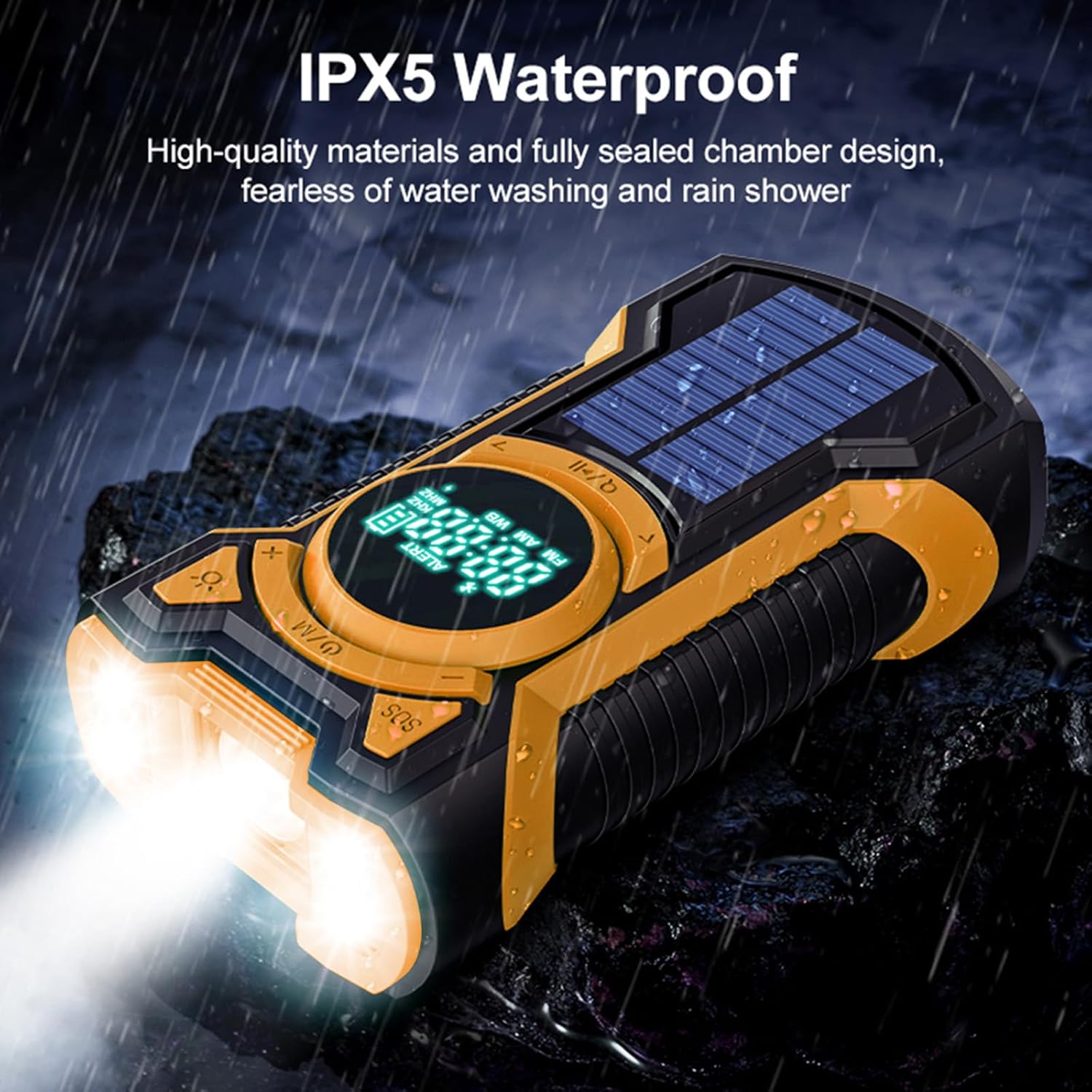 Gemmac EM03 Emergency Radio being splashed with water, demonstrating its IPX5 waterproof rating.
