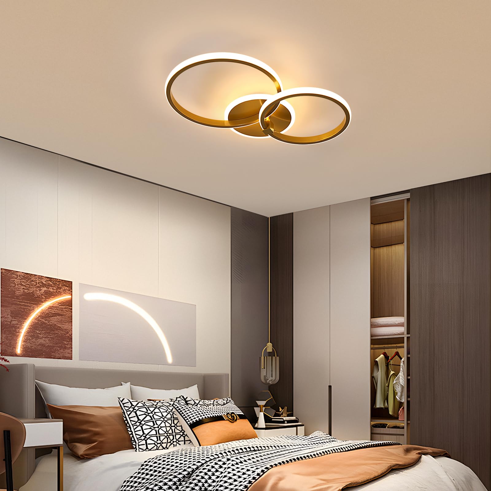 LED Deckenleuchte Gold Runden, 42W Schlafzimmer Deckenlampe Modern, Creative LED Lampe Deckenbeleuchtung für Wohnzimmer Schlafzimmer Küche, Warmweiß Licht 3000K