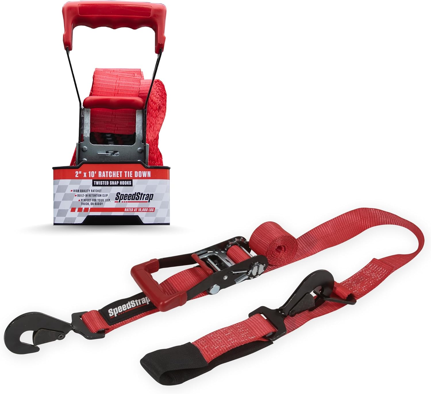 SpeedStrap 2" x 10' Red Heavy Duty Ratchet Tie Down with Twisted Snap Hooks & Axle Strap Combo - Red (1 Strap)