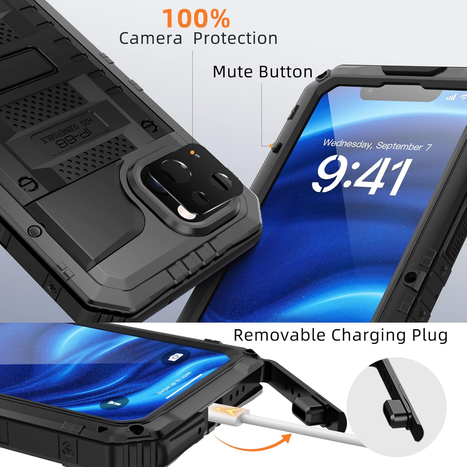 Mitywah Waterproof Case for iPhone 14, Heavy Duty Shockproof Case with Built-in Screen Protector, Full Body Underwater Protective Metal Case 6.1 inch, Black - Image 8