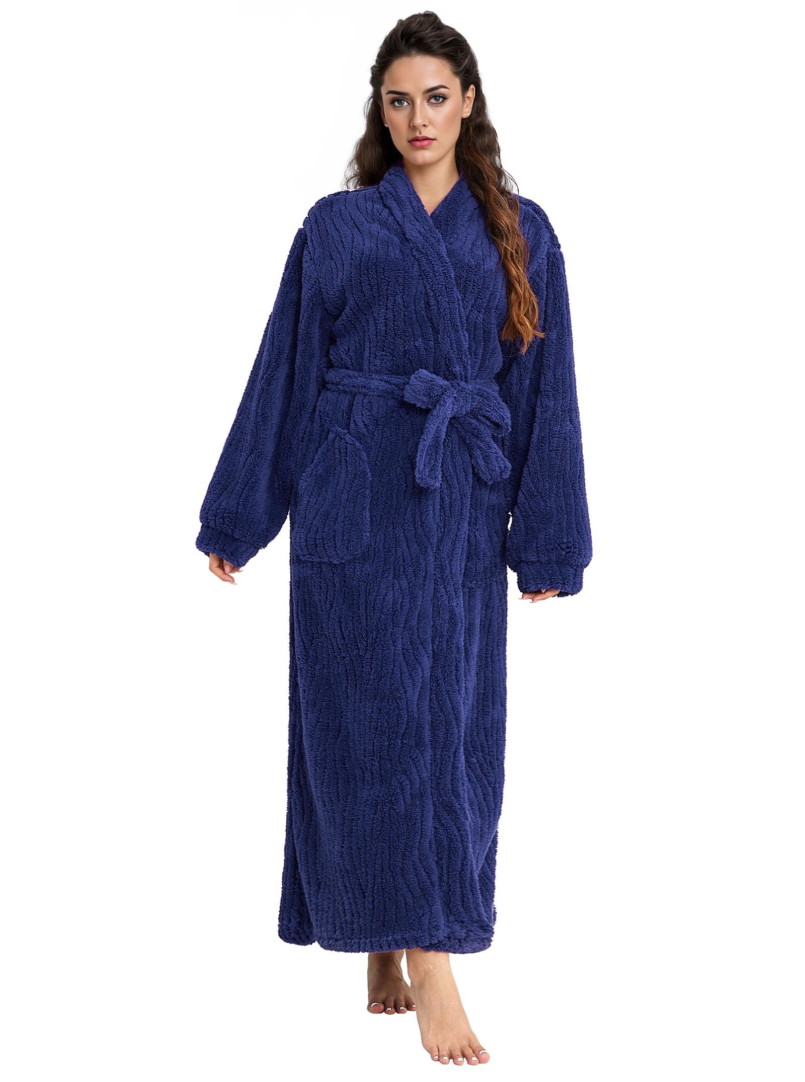 Artfasion Womens Long Fleece Robe - Warm Soft Floor Length Flannel Bathrobes for Winter Thicker Long House Coat with Pockets