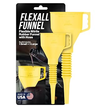 FlexAll Funnel Bundle - Long Flexible Funnels with Hose for Automotive Use - Nitrile Rubber Funnels with Handle for Oil Change and Transmission Fluid - Gas, Diesel, Oil - Yellow Small + Large