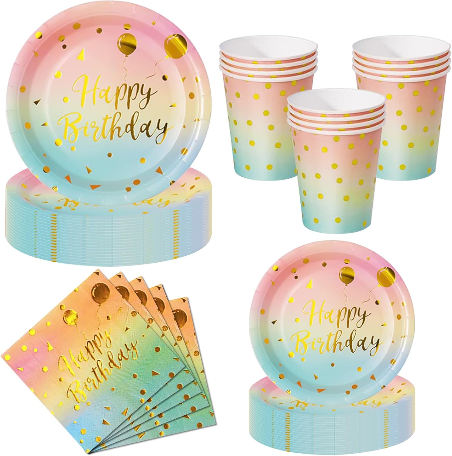Nkaiso Partygeschirr Kindergeburtstag 50 St ck Regenbogen gold Geburtstag Pappgeschirr Set - mit Einweg Pappteller Servietten & Becher -Einweggeschirr f r Geburtstag Deko