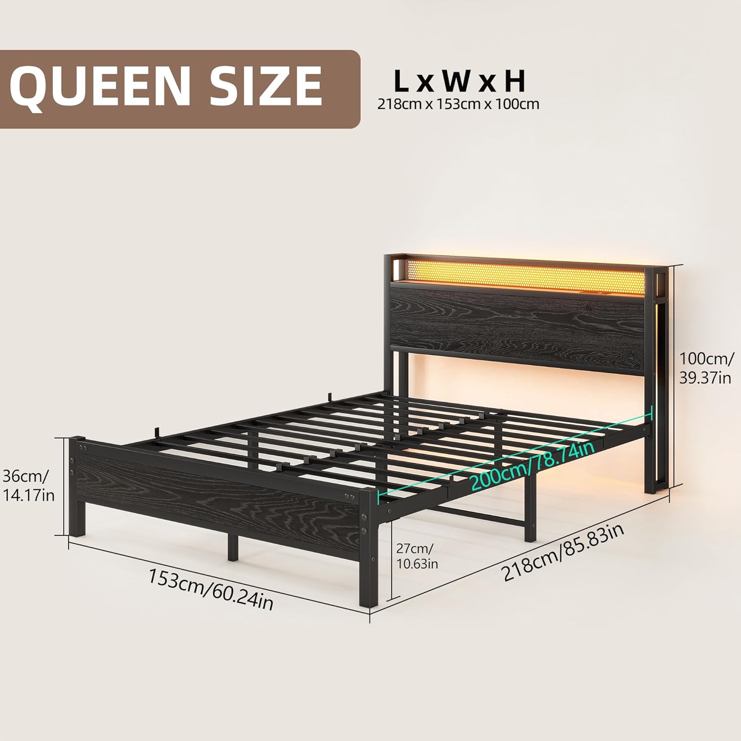 Queen Bed Frame with Storage Headboard, Metal Platform Bed Frame Queen Size with Charging Station and LED Lights, Queen Size Bed Frame, Heavy Duty Metal Slats, No Box Spring Needed, Black