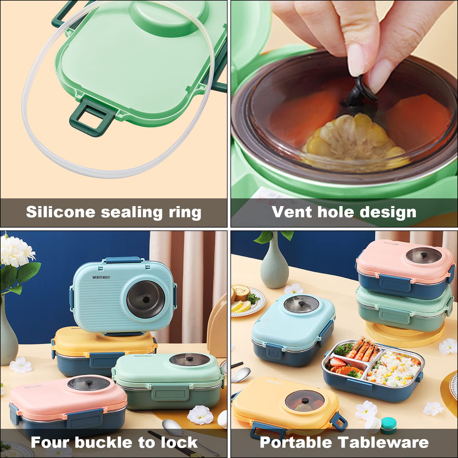 Contenitore per il pranzo Bento a 3 scomparti con ciotola per zuppa, borsa termica per il pranzo e utensili portatili, contenitori per il pranzo in acciaio inox, contenitore per il pranzo