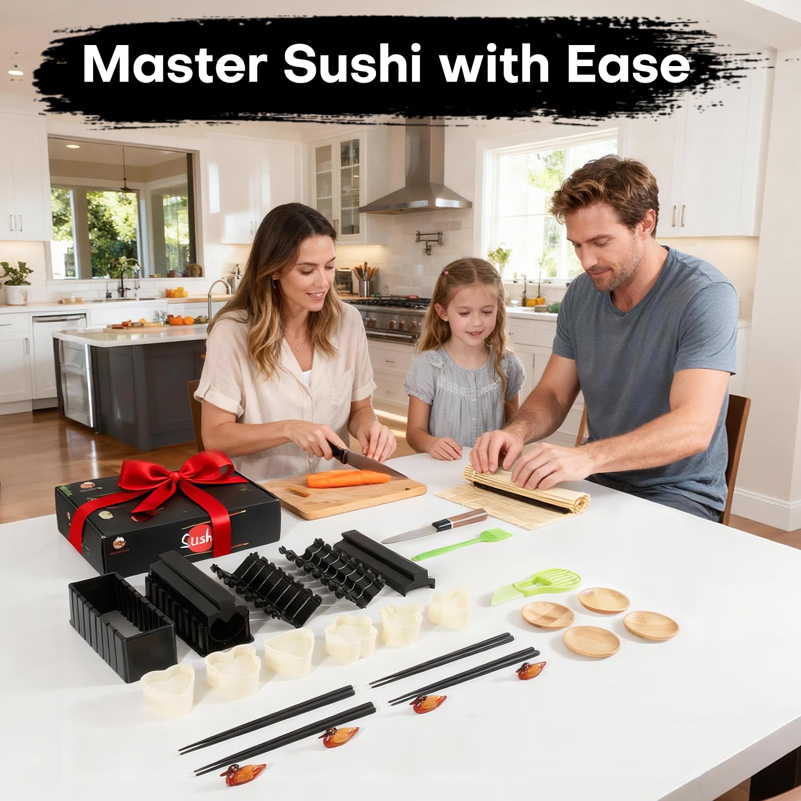 Kit per sushi, kit per sushi, kit da 33 pezzi per sushi per principianti, kit con stampo per taglio sushi, stampo per palline di riso, pressa per onigiri, coltello, tappetini in bambù, pagaia