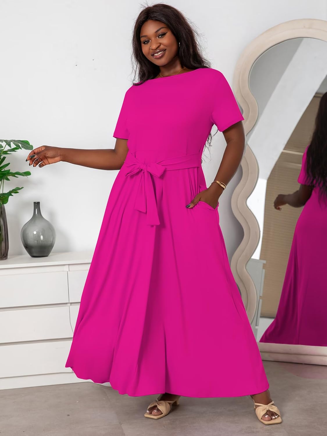 Plus Size Dresses for Curvy Women Soft Comfy Stretchy Short Sleeve High Waist Self Tie Flowy Pleated Maxi Dress - Image 5