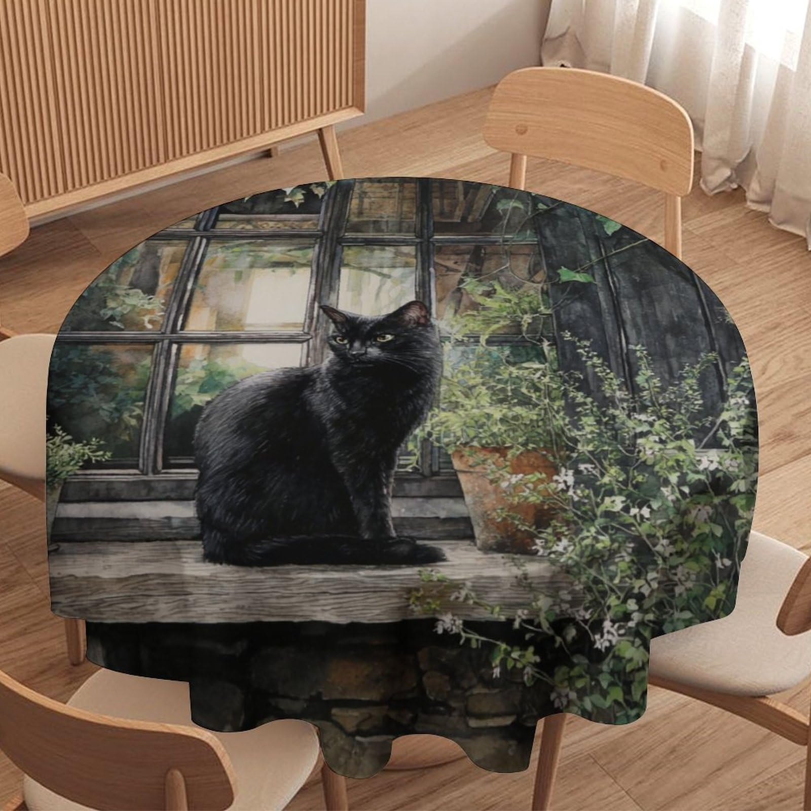LUYYSKY Fantasy Watercolor Black Cat Waterproof Round Tablecloth Retro Classic Botanical Cottage Animal Kitten Flowers Washable Table Cover for Kitchen-91.4" Wx91.4 L cm