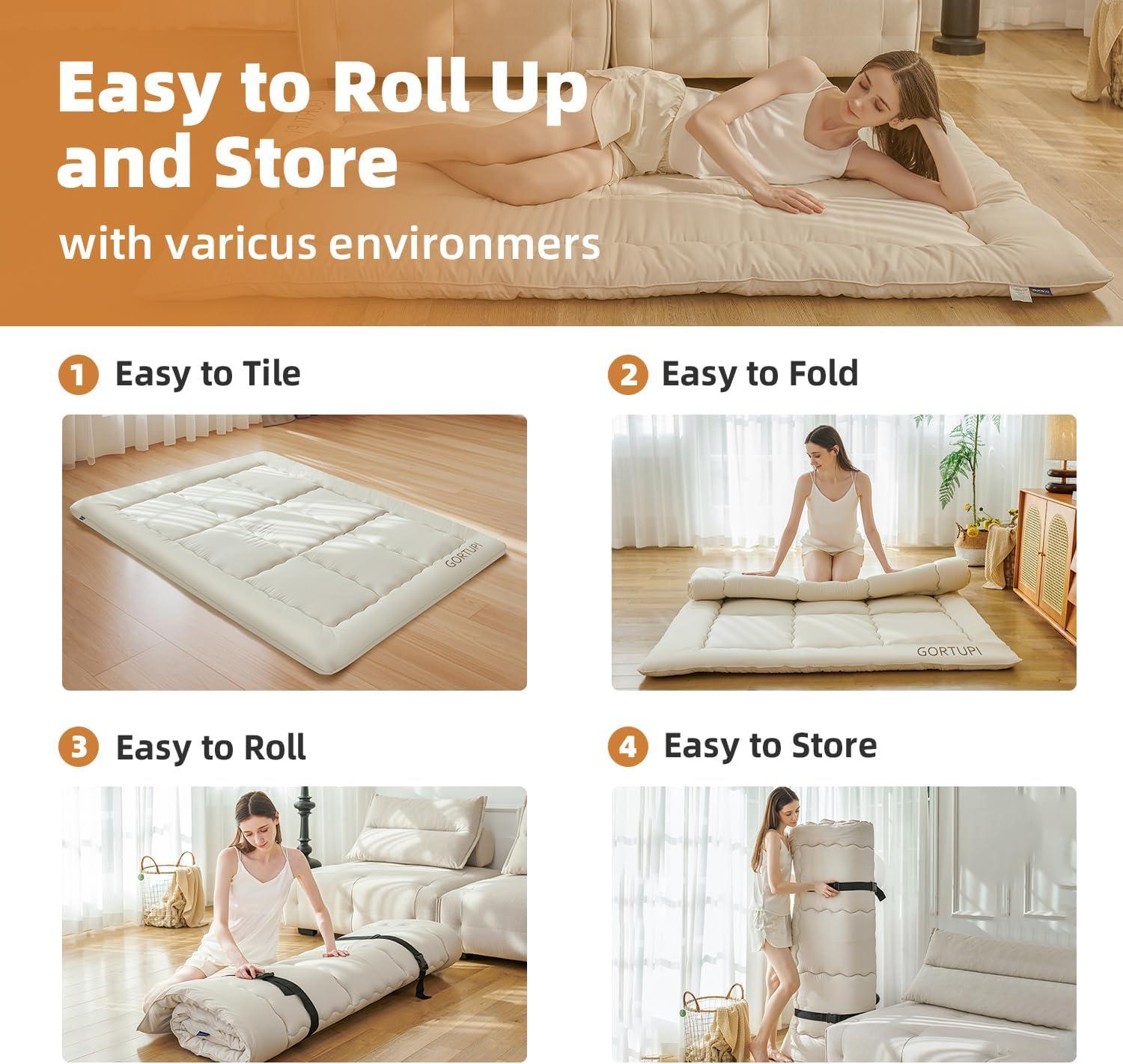 Japanese Floor Futon Queen Foldable Futon Mattress for Floor Tatami Mattress Portable Rollaway Bed for Guest Playmat for Kids Tatami Sleeping Pad Japanese Mattress for Adults Beige A