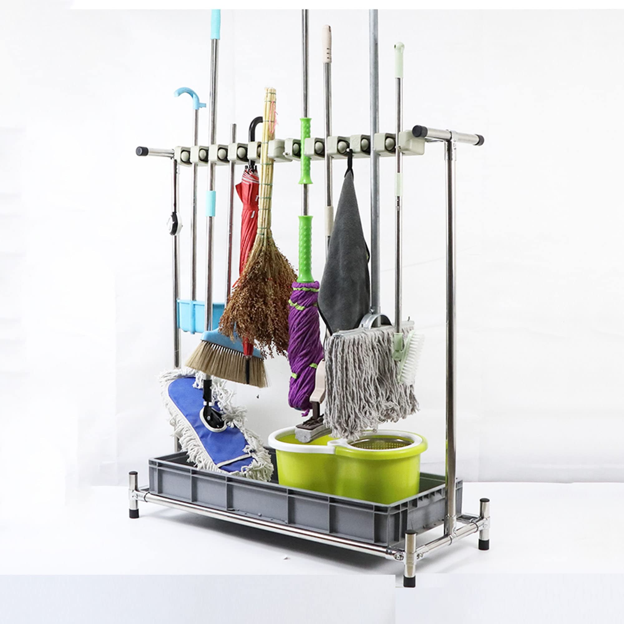 ASerZenith Broom And Mop Holder Put Wet Mops,Movable Floor-Mounted Mop Rack Floor Standing Cleaning Tool Storage,Cleaning Supplies Organizer,5 Slots 6 Hooks,Home,Garage