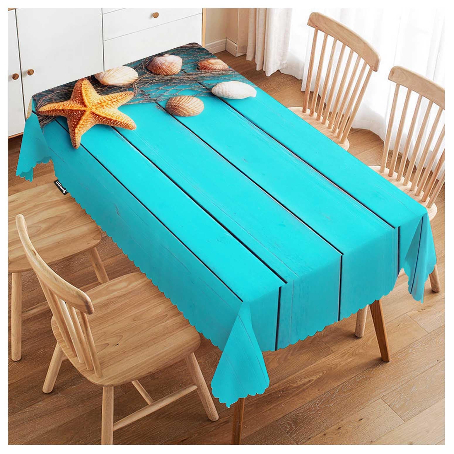 FJQWKLF Beach Table Cloth Tropical Fish Net Seashells Starfish Blue Wood Rectangle Tablecloth Picnic Table Cover BBQ Table Cloths Polyester for Kitchen Camping BBQ 50x72 Inch