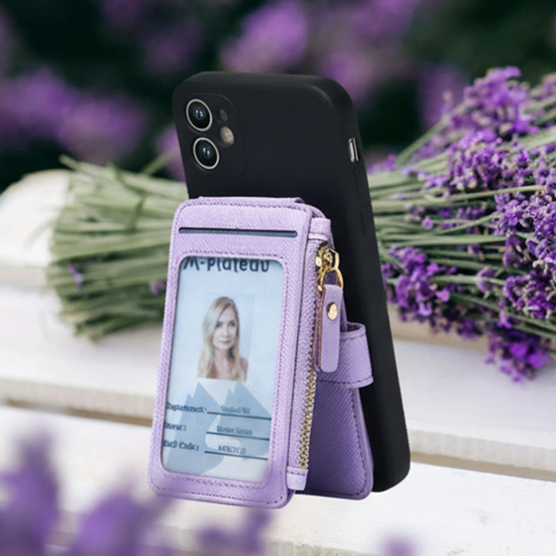 M-Plateau Cartera pequeña para mujer, soporte para tarjetas de crédito para mujer, adhesivo 3M, cartera para teléfono compatible con funda iPhone 14 Pro y la mayoría de teléfonos inteligentes (morado)