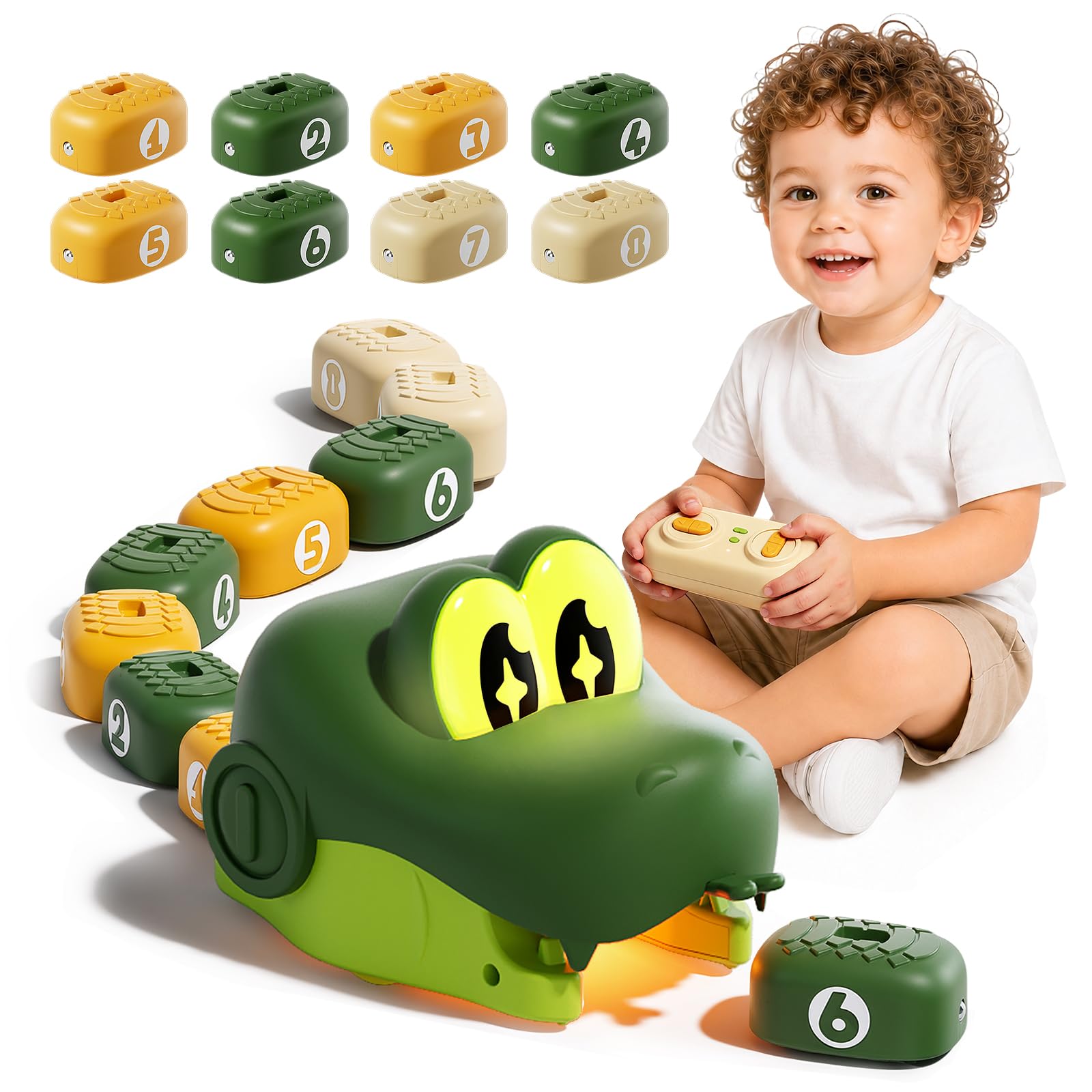 Rc Snake Eating Toys For Kids 6-12, 8 Magnetic Rail Train Blocks (Green) | 2.4ghz Remote Control Snake Car Set With Sound & Light, Gift For Christmas Birthday Party Boys Girls Age 6 7 8 9 10 11 12