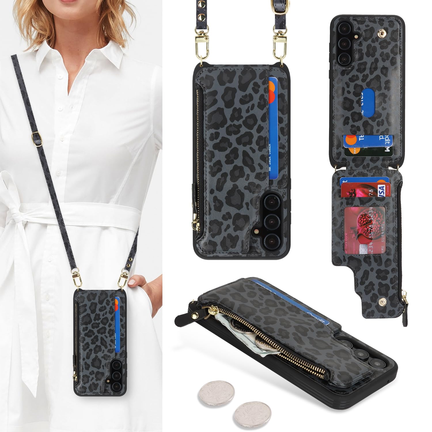 Cavor for Samsung Galaxy A35 5G Case Wallet for Women, for Samsung Galaxy A35 5g Crossbody Phone Case with Strap,Leather Zipper Pocket Card Holder