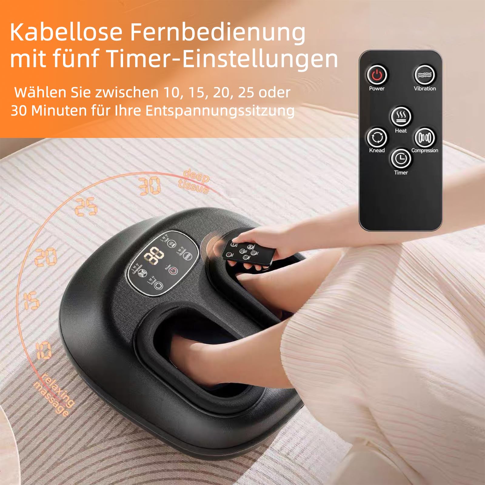 Fußmassagegerät mit Wärmefunktion, 3D-Komprimierung und Funkfernbedienung, 5 Kraftstufen,Geschenke für Männer und Frauen,Abnehmbarer Stoffbezug,36x30x15 cm, Schwarz