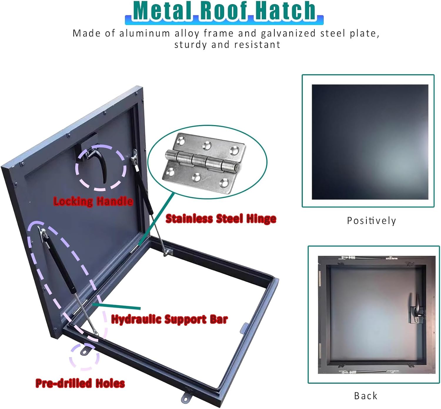 Outdoor Roof Skylight Cover 50 60 70 80 90 100 cm, No Water Leakage Access Hatch Lid with Pre-drilled Holes, Galvanized Basement Exit Plate and Aluminium Frame