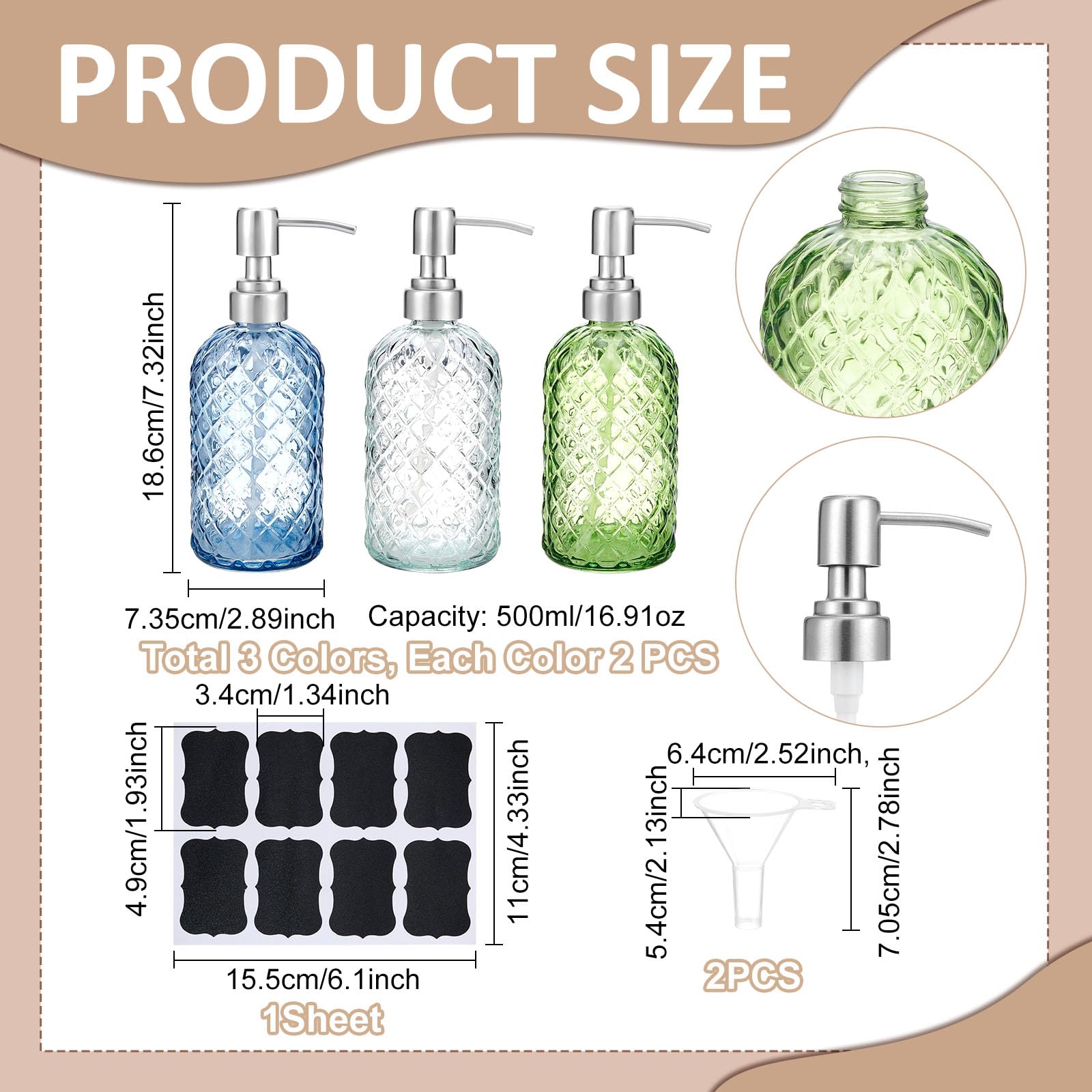 6 unidades 500 ml dispensador de jabón de vidrio con patrón de diamante rellenable dispensador de jabón de vidrio con bomba de acero inoxidable para lociones líquidas adecuado para cocina y