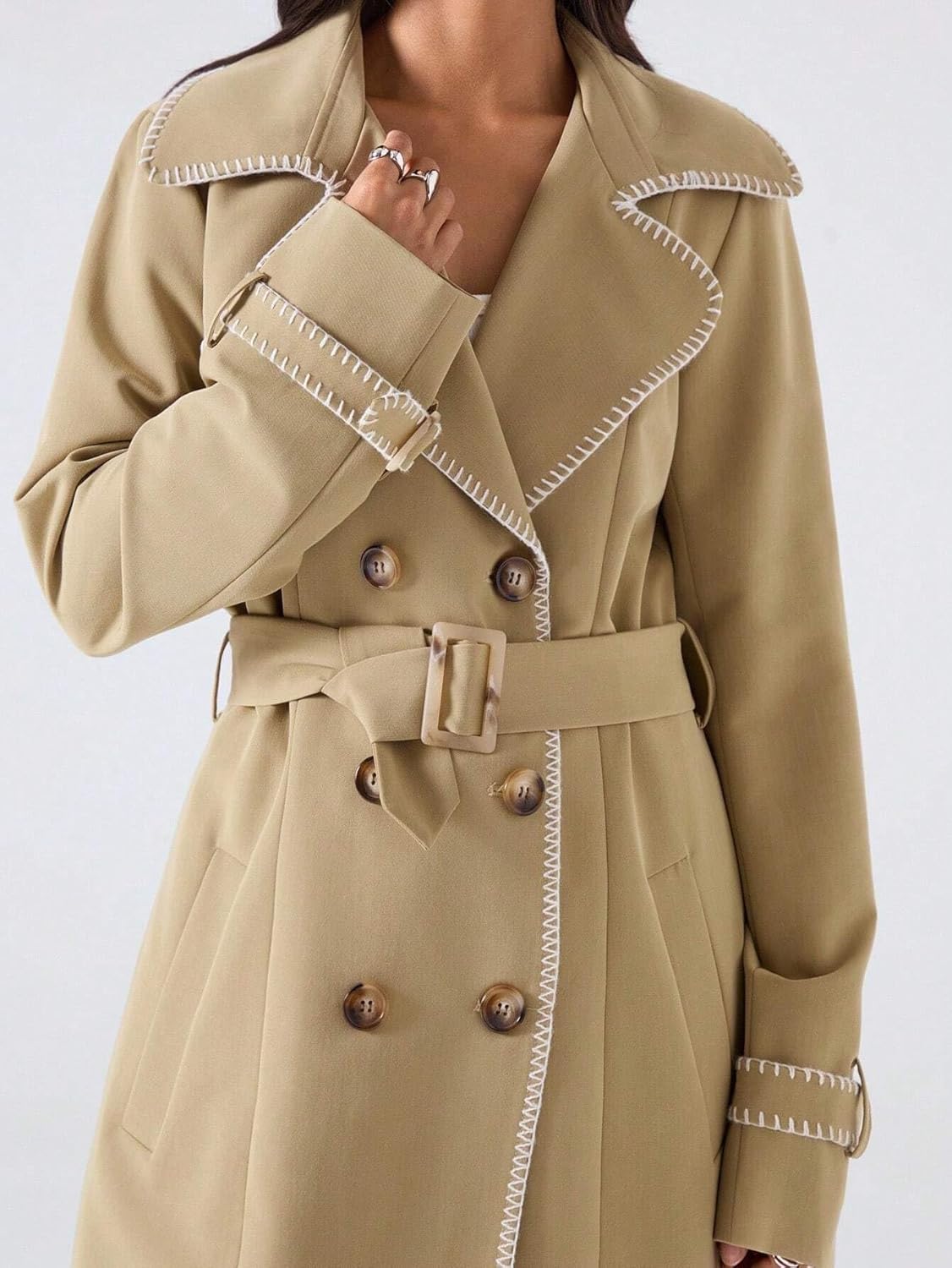 Womens Fashion Trench Outwear Cargo Double-Breasted Trench Coat Jacket Coat