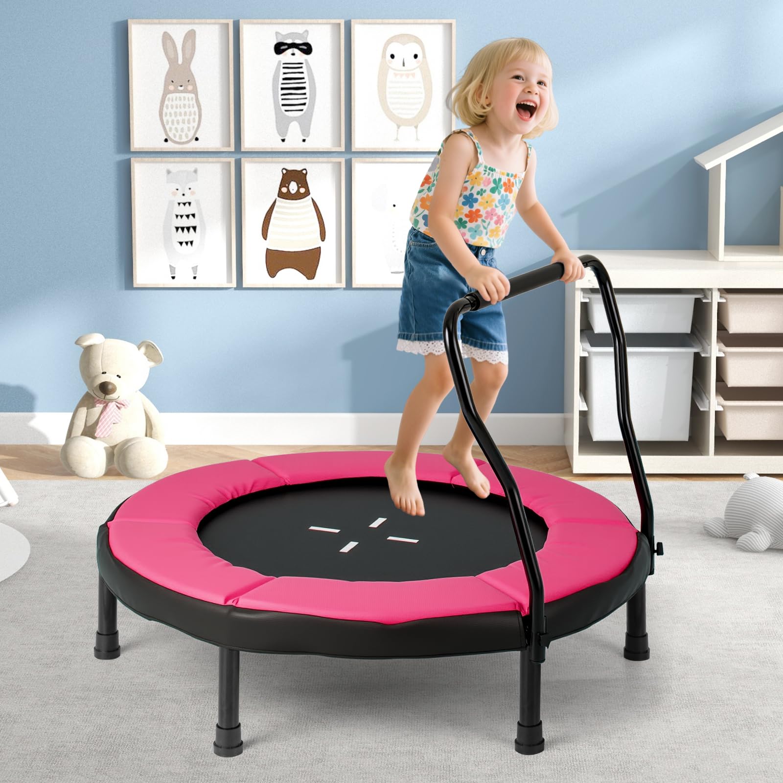 COSTWAY Trampolino Elastico per Bambini, Tappeto Elastico da Interno ed Esterno con Manubrio in Schiuma e Cuscino di Sicurezza, Ideale per Bambini 3-6 Anni, Portata 100 kg