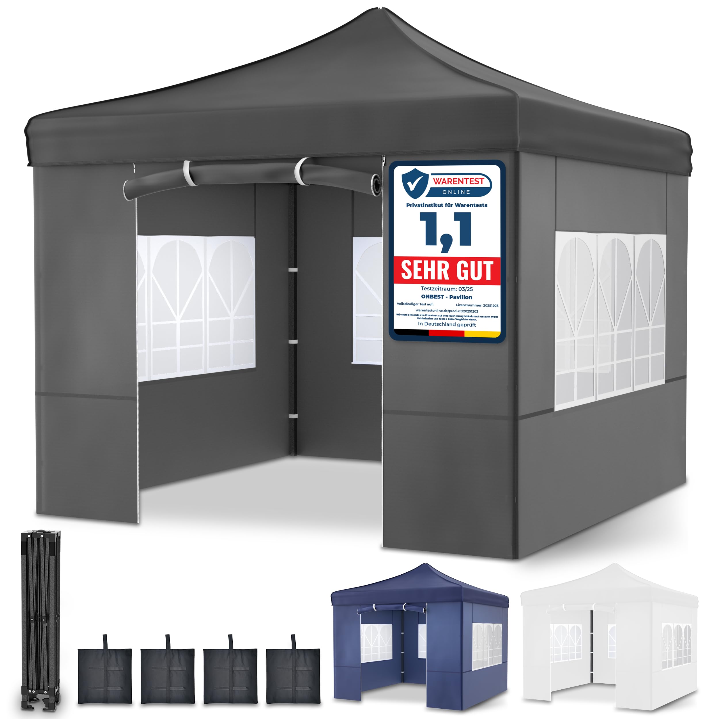 ONBEST Pavillon 3x3 m – Faltpavillon Pop-up mit Seitenwänden, Grau
