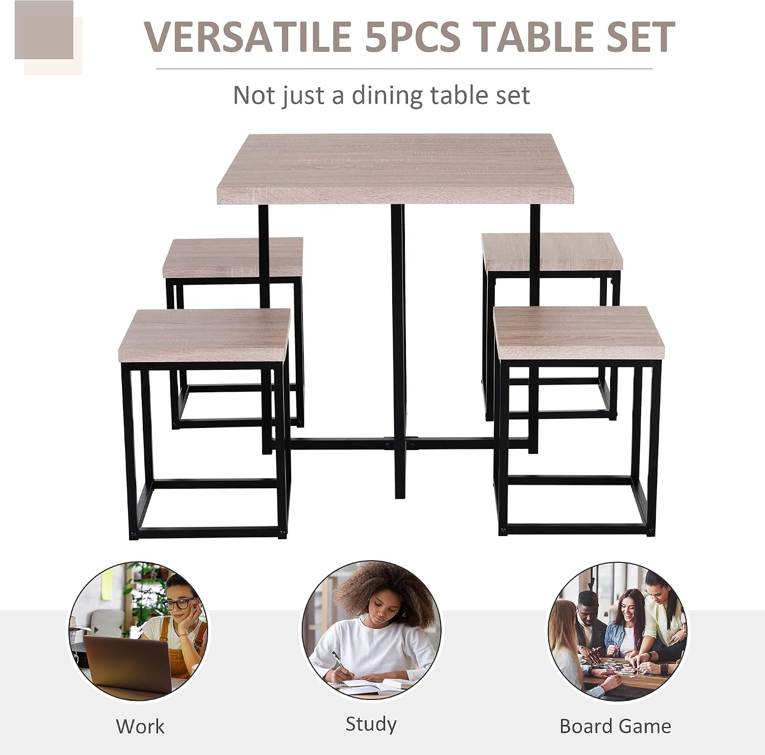 HOMCOM 5 Piece Dining Table Set, Square Kitchen Table Set with Stools for Small Space, Breakfast Nook, Natural Wood Color