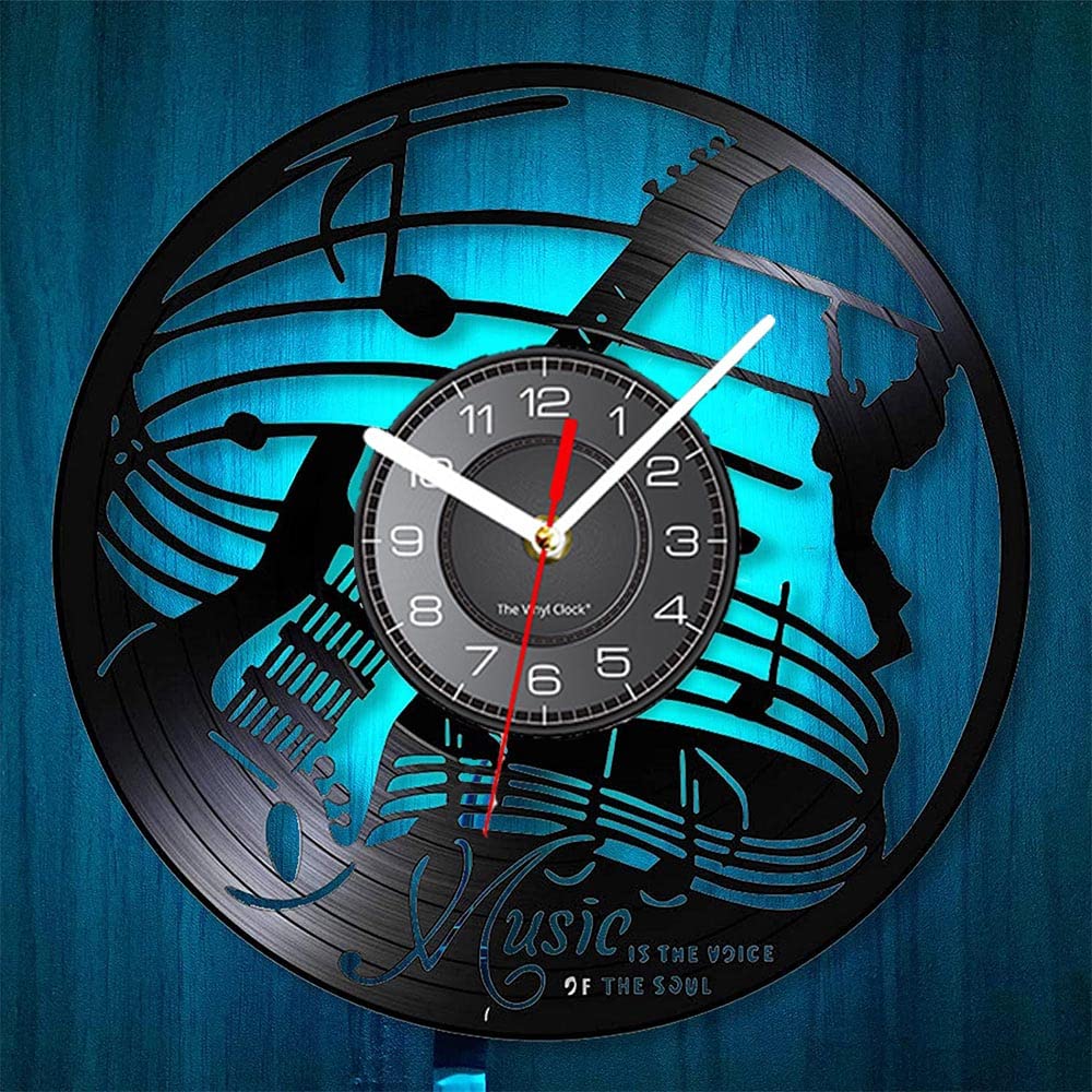 Smotly Black Vinyl Wall Clock, Instrument Guitar Theme Silent With Led Night Light Function Is A Unique Wall Clock Gift For Music Lovers.