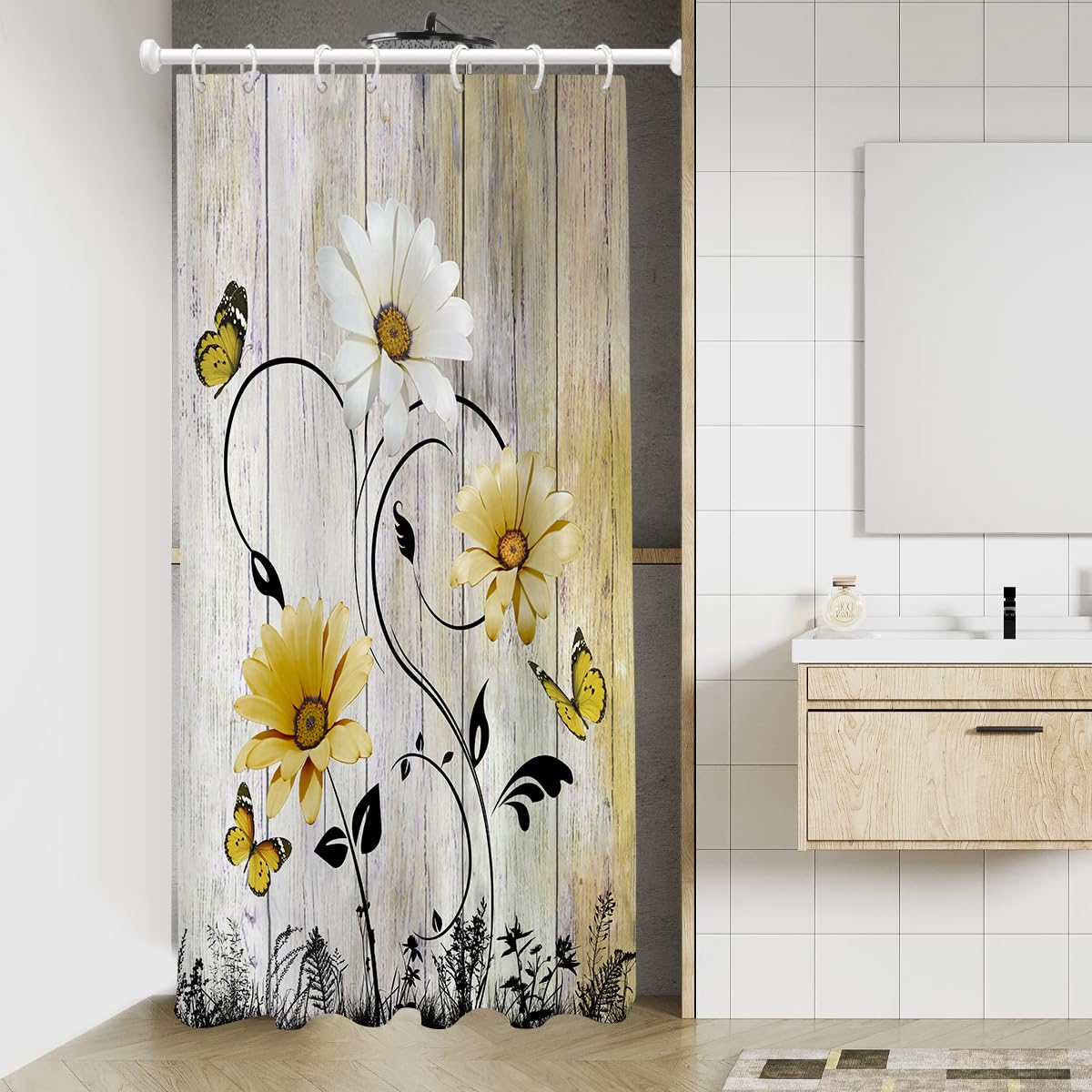 Duschvorhang Mit Blumen-Design: Schwarz-Gold & Weiß-Grau – Perfekt Für Badezimmer, Wohnmobil Oder Studentenwohnheim