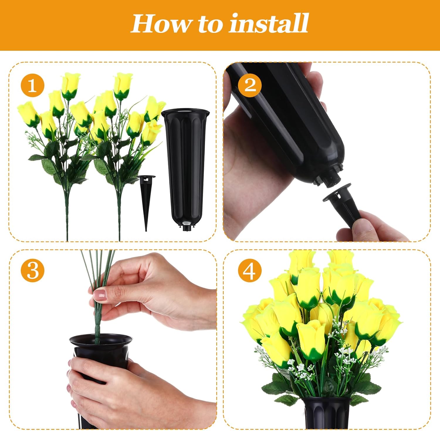 Tigeen 6 Sets Memorial Day Cemetery Flowers with Grave Vase 12 Bunches Artificial Rose Memorial Bouquet 84 Heads Fake Spring Silk Cemetery Flower for Graveside Decor(Yellow)