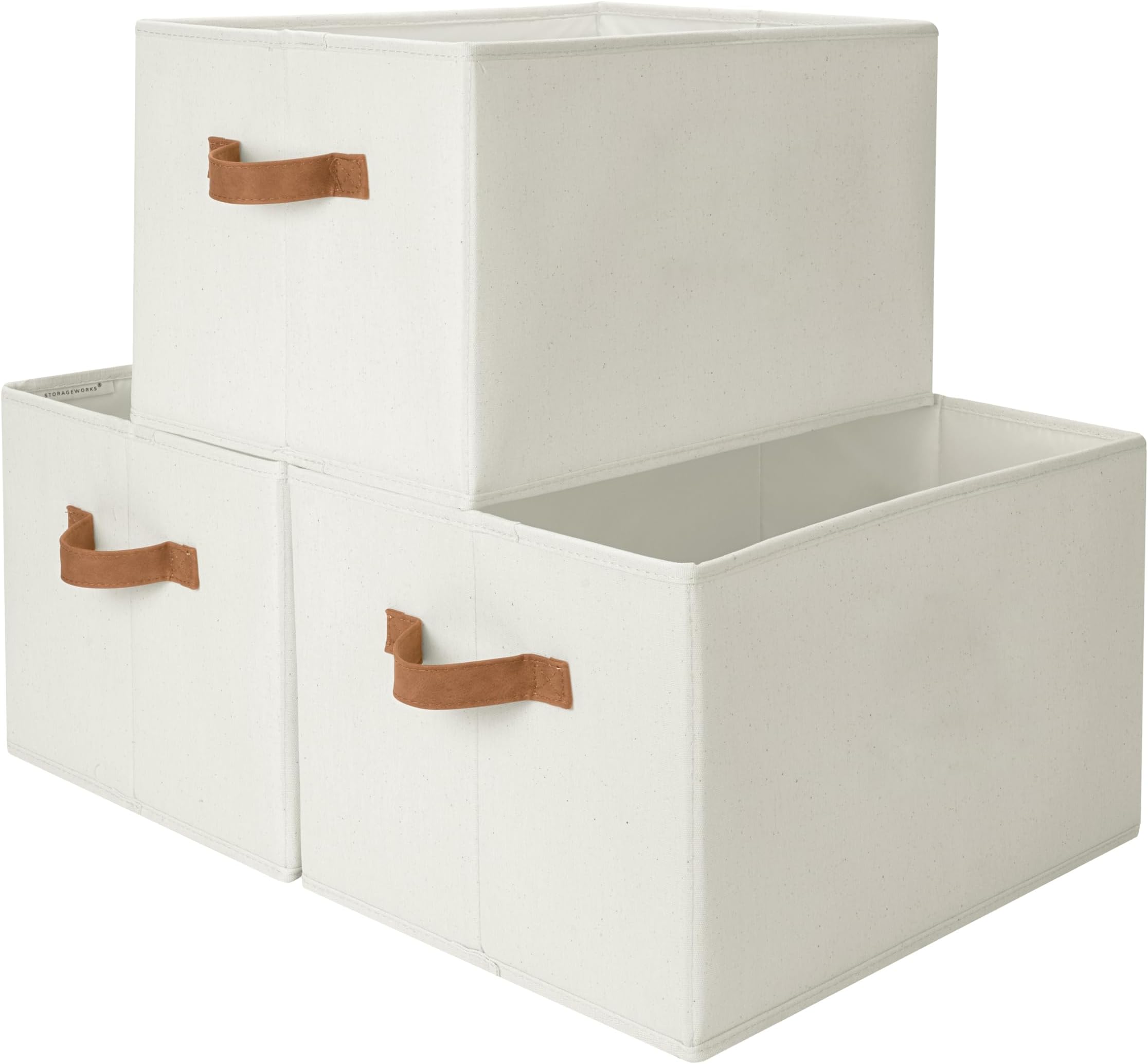 Foldable Storage Bins with PU Handles, Closet Storage Baskets, Fabric Bins for Clothes Storage, Ivory White, 3-Pack, Extra Large