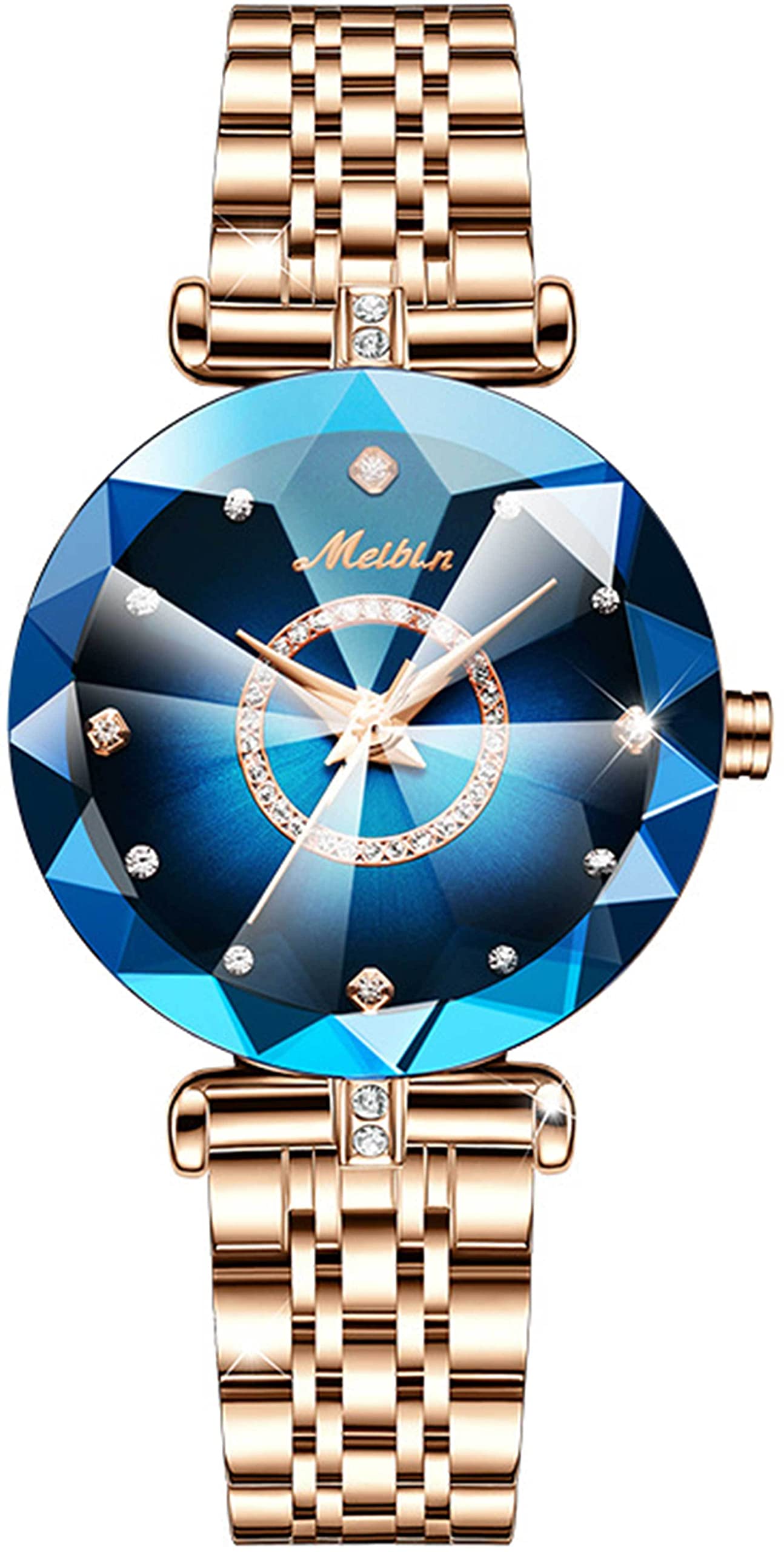 findtime Uhr Damen Analog Quarz Armbanduhren Gold Klassische Mode Damenuhr Edelstahlarmband Blaues Zifferblatt Blume 3ATM Wasserdicht Elegant Armreif Frauen Diamant Designer