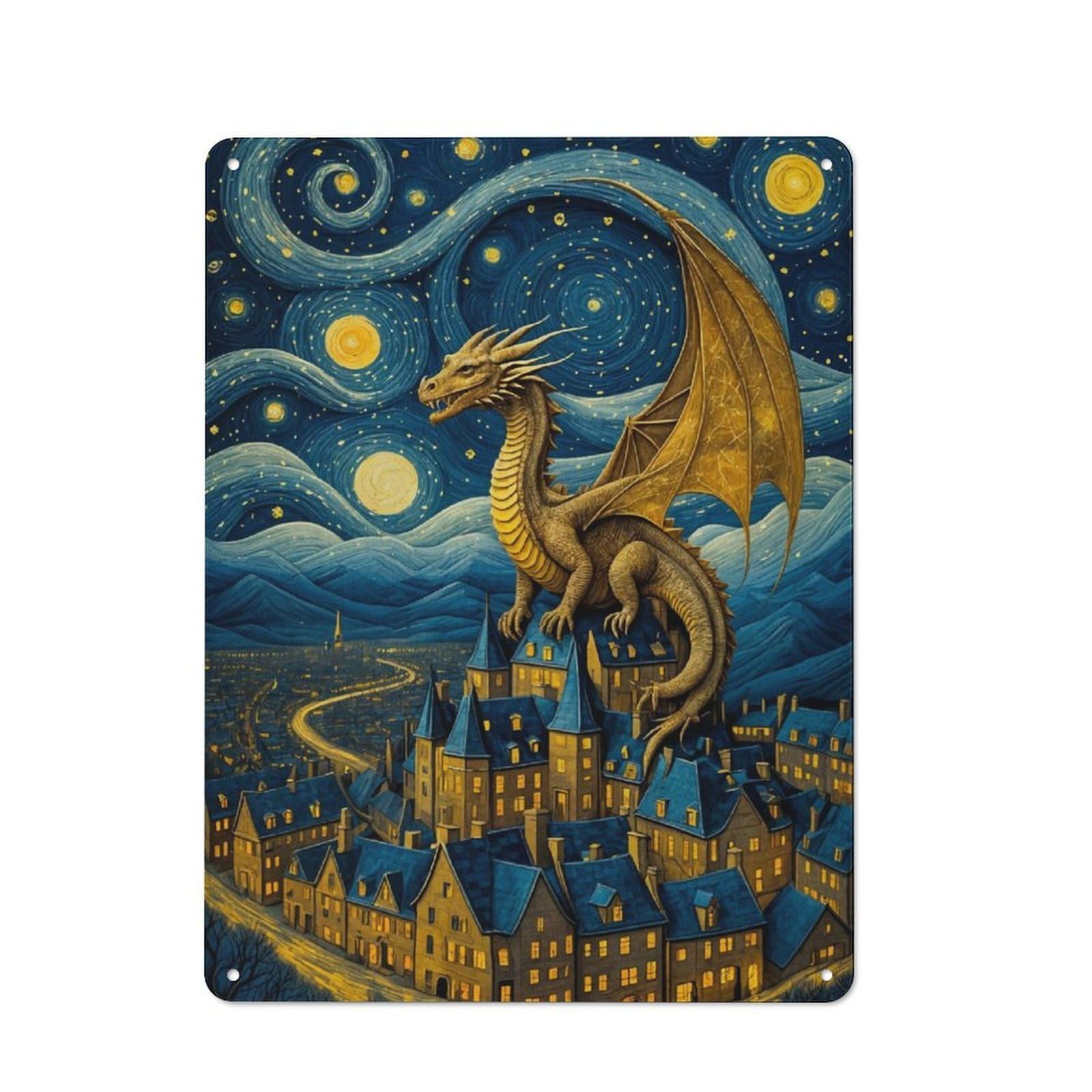Metal Wall Sign 40x30cm Featuring Dragon Van Goghs Starry for Garage Wall, for Kitchen, Dining Room And Home Bar Wall Decor