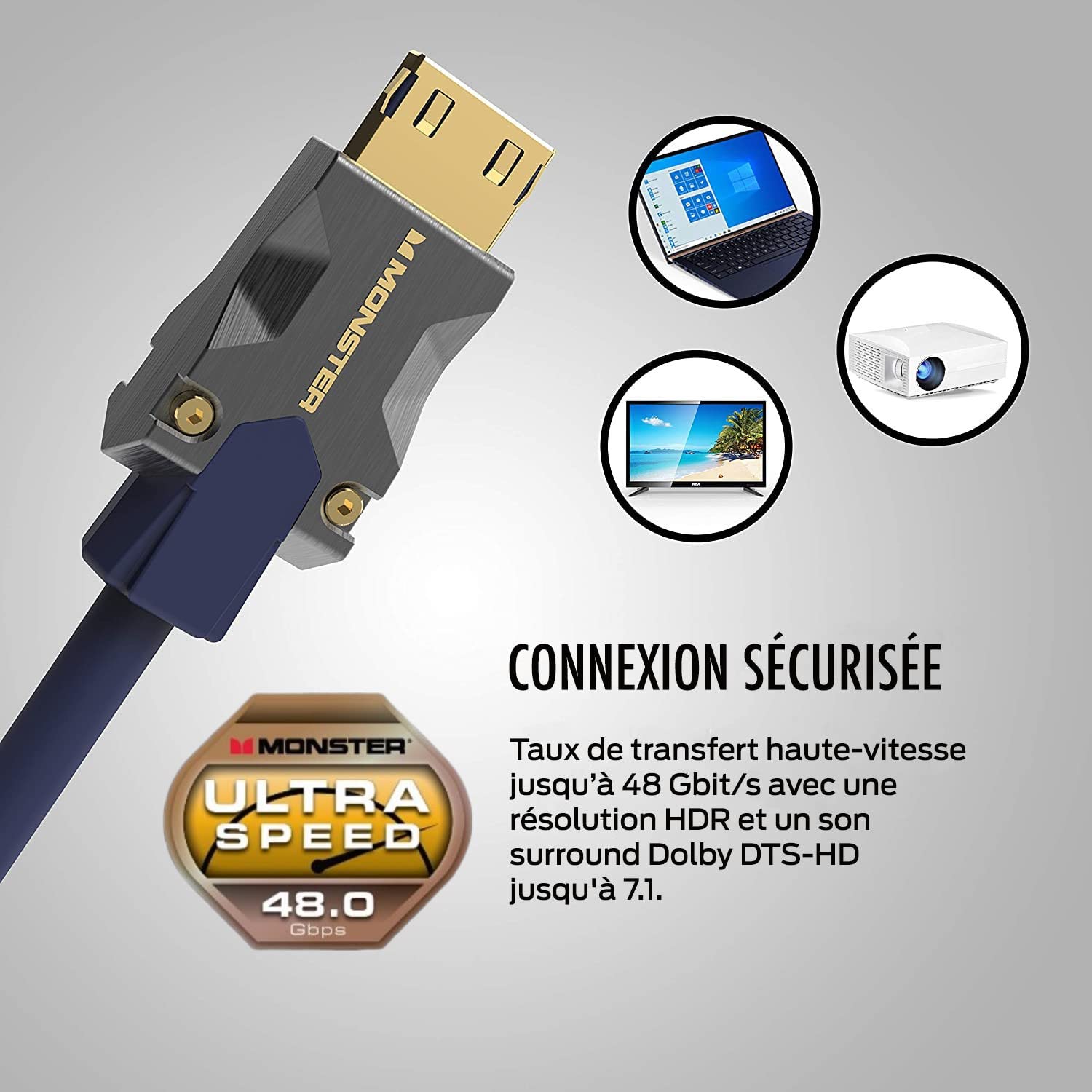 Monster, Câble HDMI, Résolution 8K, Vidéo HDR, 48 GBPS, Vitesse Éclair, Connecteurs V-Grip, Triple Blindage, 3 Mètres, Garanti à Vie, Noir